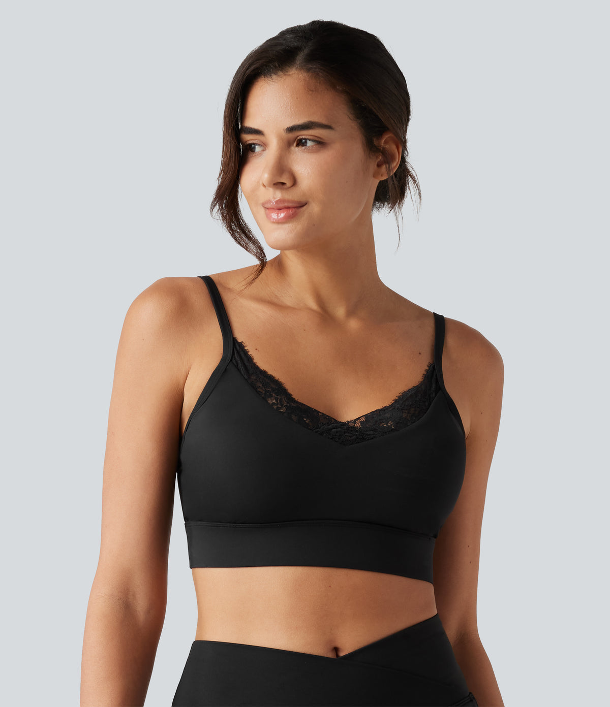 Airy Light Support Sweetheart Neck Contrast Lace Built-in Bra InstantCool Workout Sports Bra-UPF50+ — Black — view 2