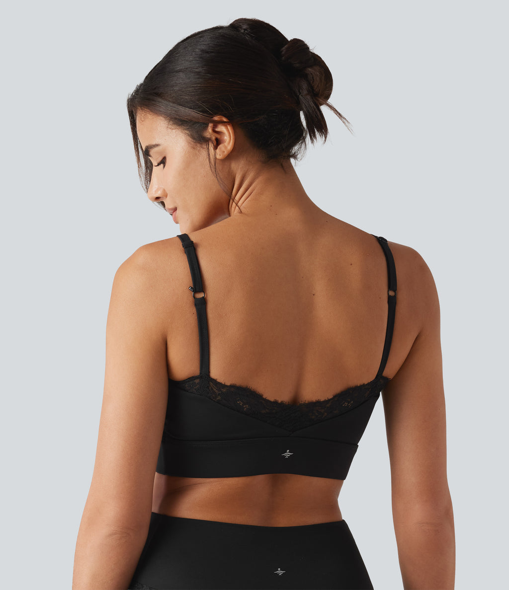 Airy Light Support Sweetheart Neck Contrast Lace Built-in Bra InstantCool Workout Sports Bra-UPF50+ — Black — view 5