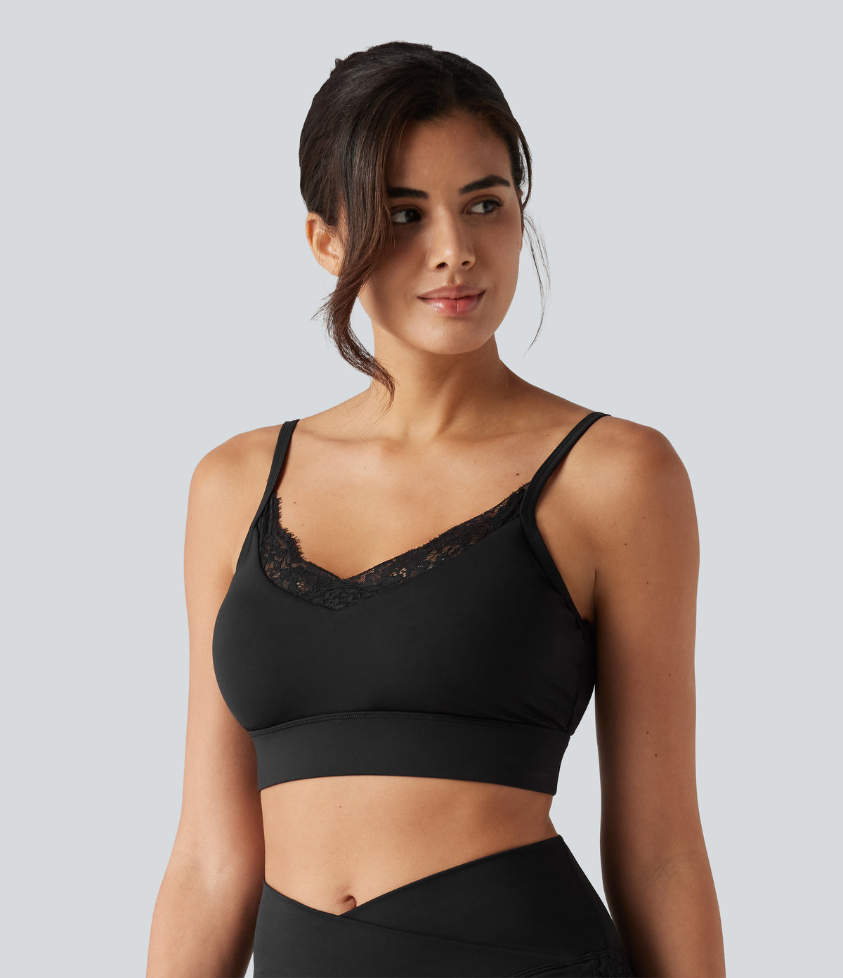 Airy Light Support Sweetheart Neck Contrast Lace Built-in Bra InstantCool Workout Sports Bra-UPF50+ — Black — view 3