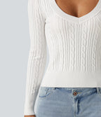 V Neck Long Sleeve Casual Jumper — White — view 5