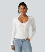 V Neck Long Sleeve Casual Jumper — White — view 1
