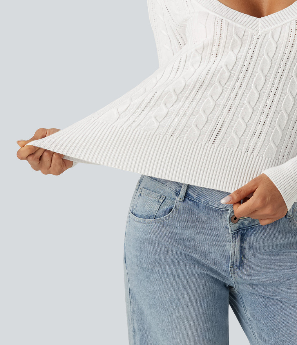 V Neck Long Sleeve Casual Jumper — White — view 6
