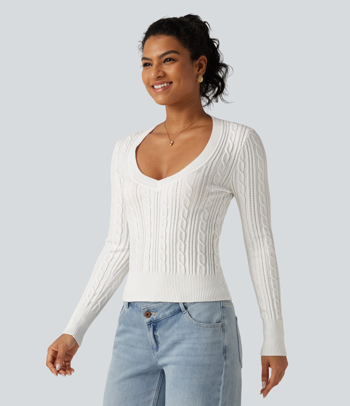 V Neck Long Sleeve Casual Jumper — White — view 3