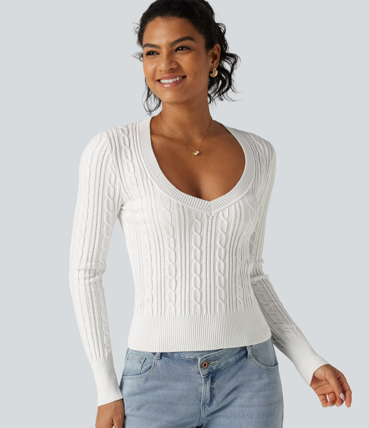 V Neck Long Sleeve Casual Jumper — White — view 4