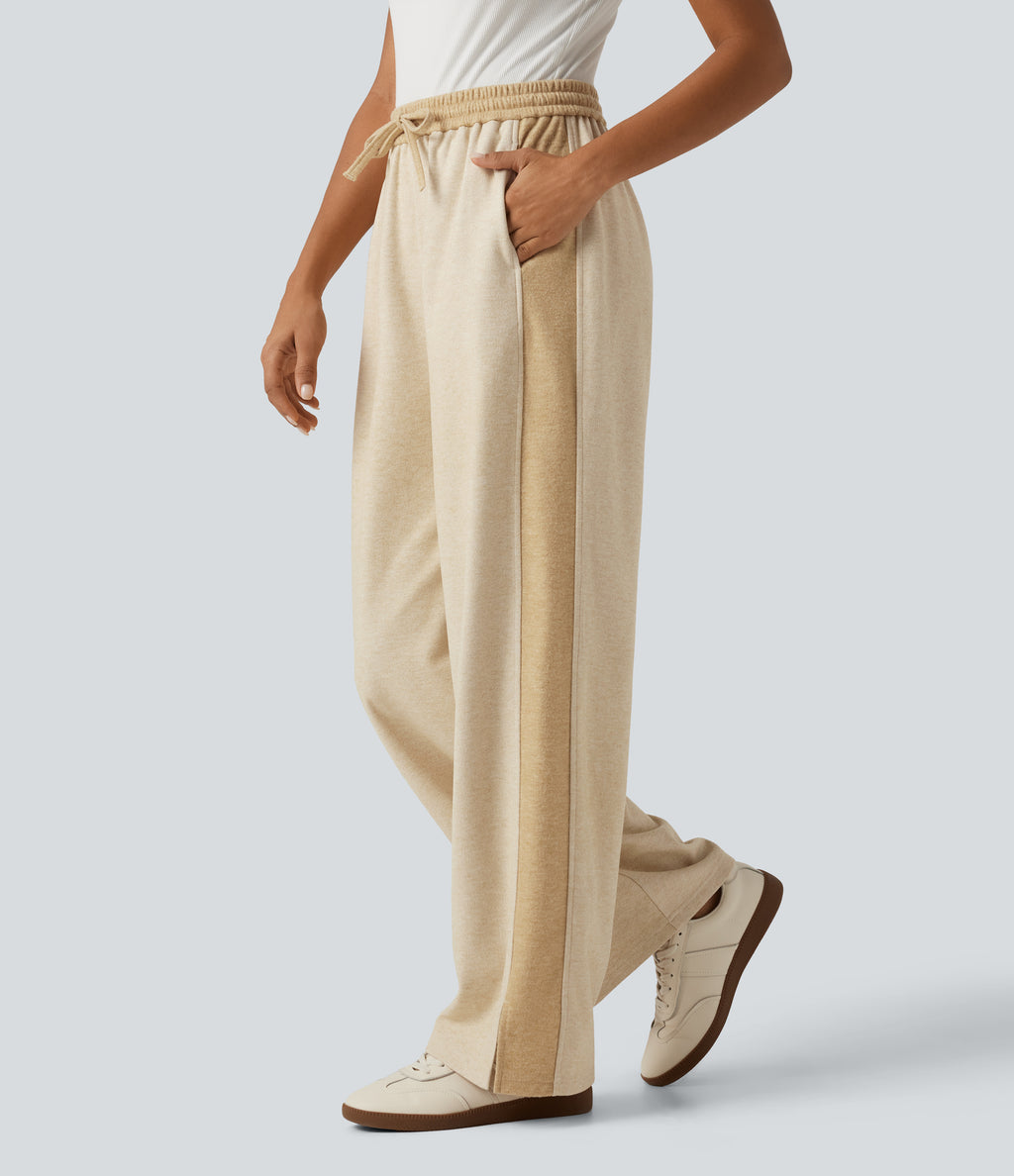 High Waisted Drawstring Straight Leg Casual Trousers with Pockets — Semolina — view 3