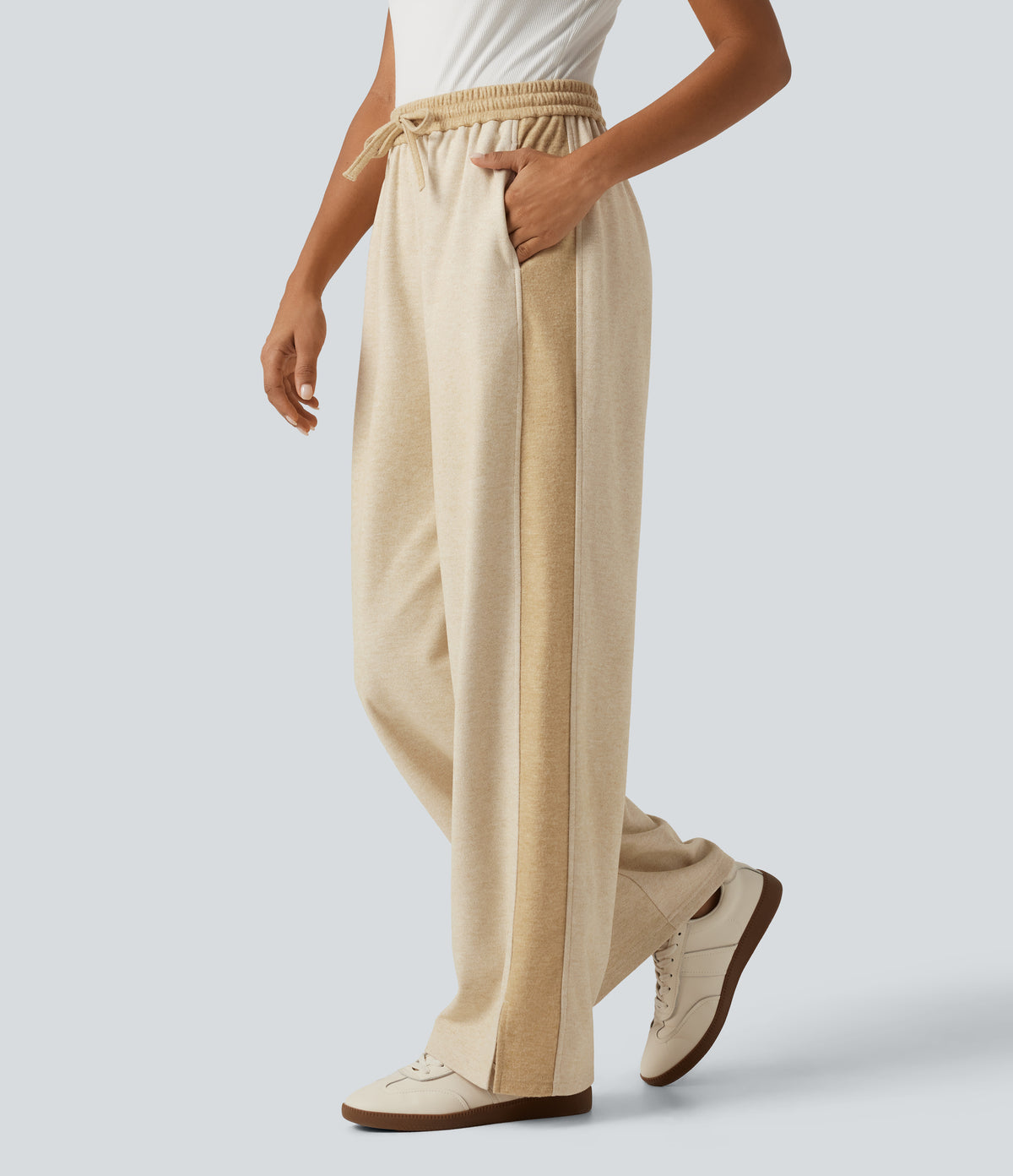 High Waisted Drawstring Straight Leg Casual Trousers with Pockets — Semolina — view 3