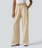 High Waisted Drawstring Straight Leg Casual Trousers with Pockets — Semolina — view 1