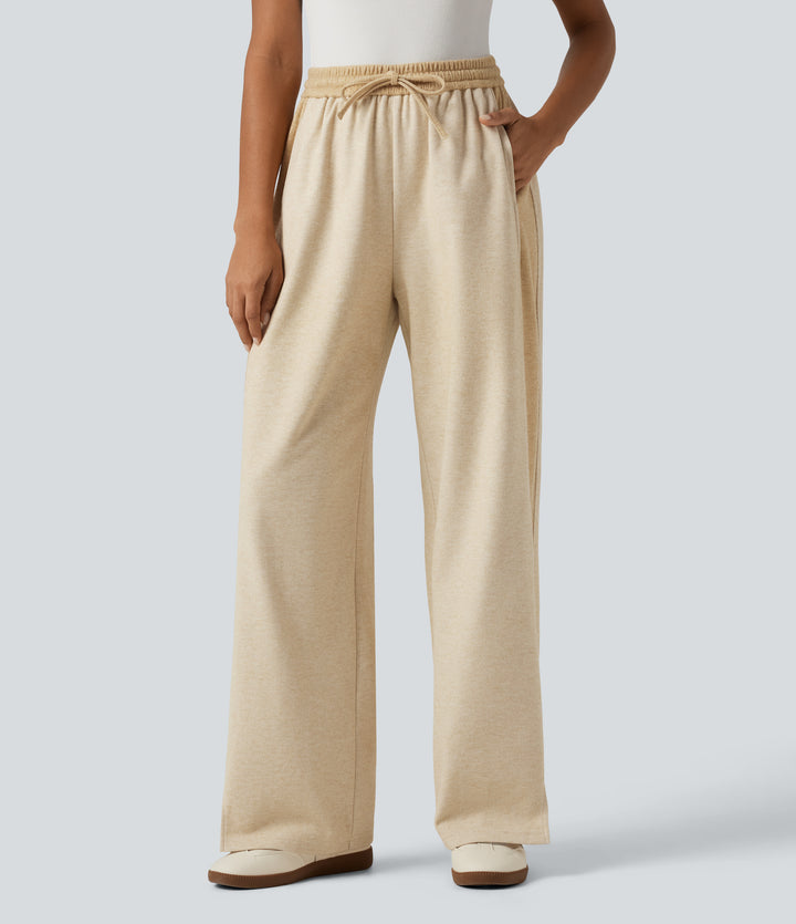 High Waisted Drawstring Straight Leg Casual Trousers with Pockets — Semolina — view 1