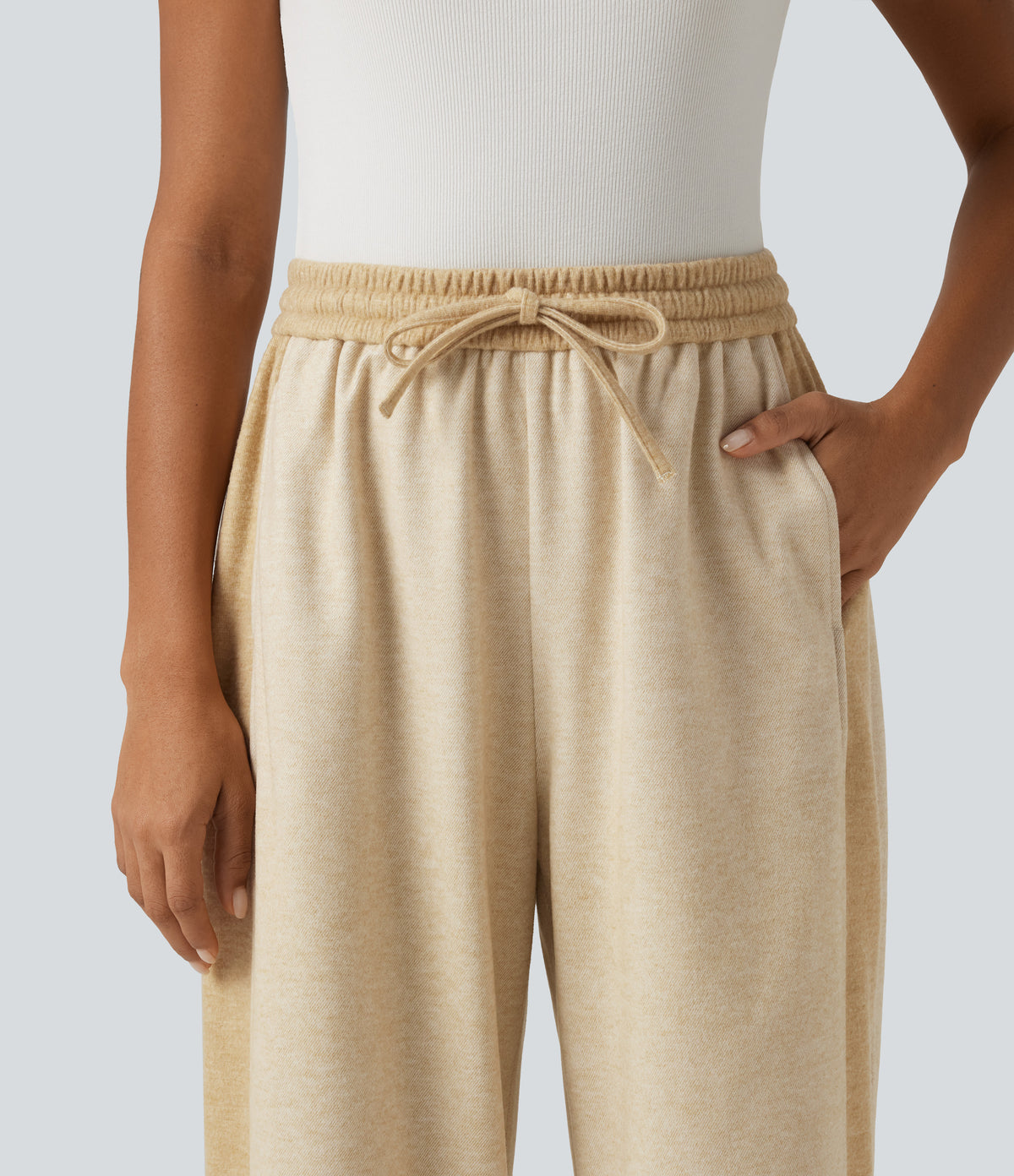 High Waisted Drawstring Straight Leg Casual Trousers with Pockets — Semolina — view 4