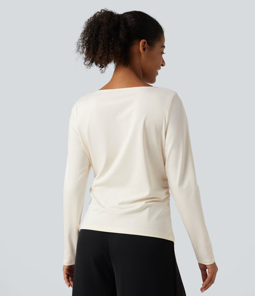 Asymmetric Cowl Neck Long Sleeve Ruched Slit Hem Work Blouse — Whisper White — view 2