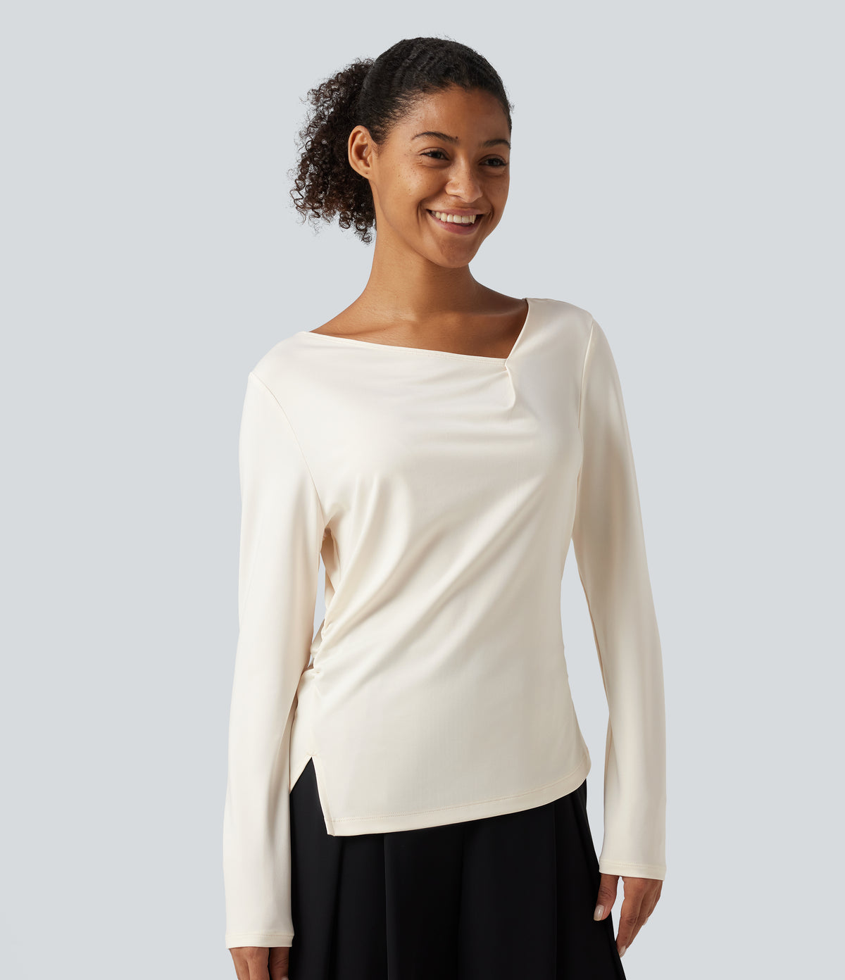 Asymmetric Cowl Neck Long Sleeve Ruched Slit Hem Work Blouse — Whisper White — view 4