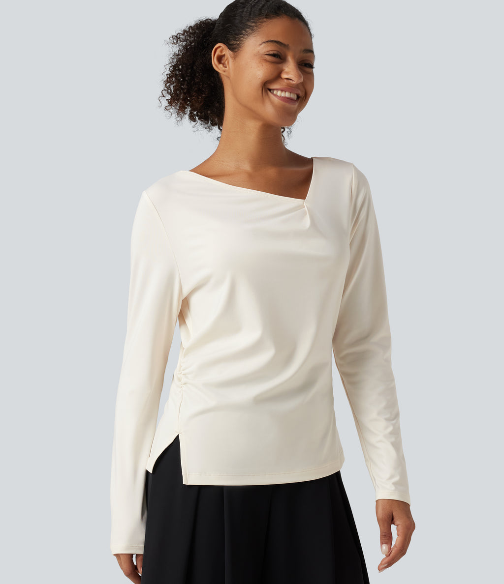 Asymmetric Cowl Neck Long Sleeve Ruched Slit Hem Work Blouse — Whisper White — view 1