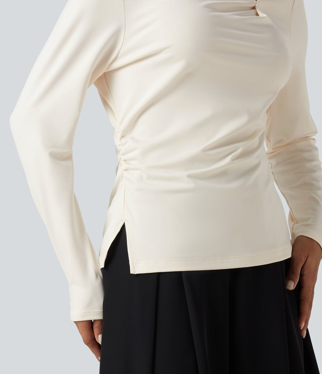 Asymmetric Cowl Neck Long Sleeve Ruched Slit Hem Work Blouse — Whisper White — view 5