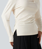 Asymmetric Cowl Neck Long Sleeve Ruched Slit Hem Work Blouse — Whisper White — view 5