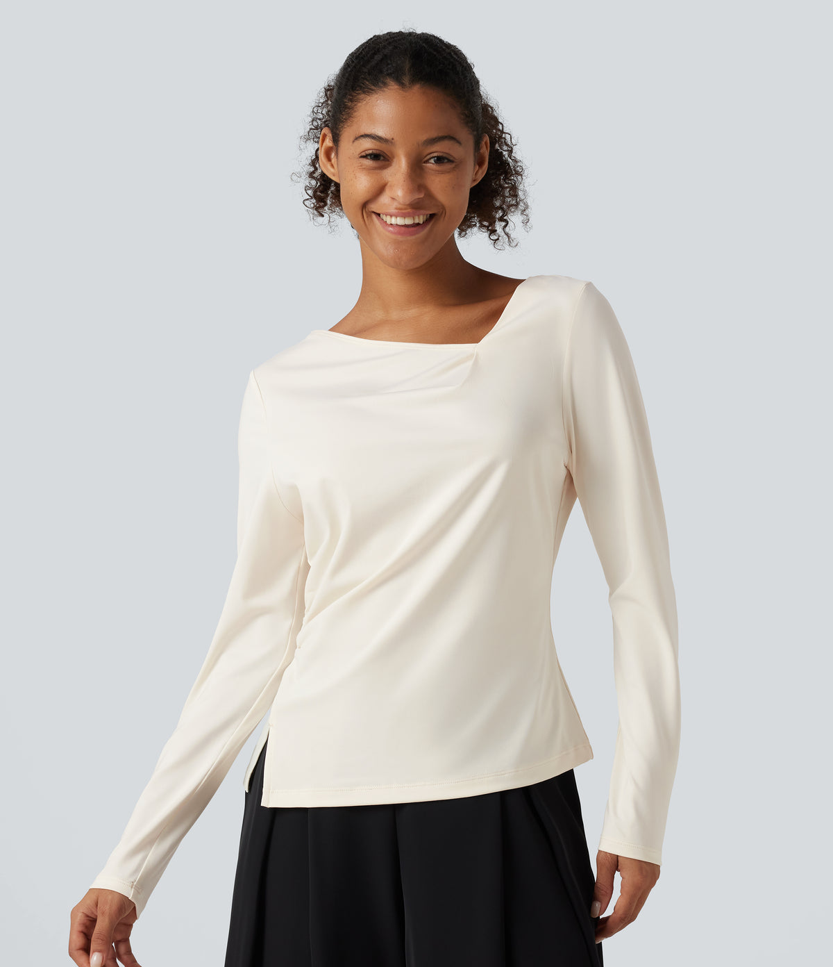 Asymmetric Cowl Neck Long Sleeve Ruched Slit Hem Work Blouse — Whisper White — view 3