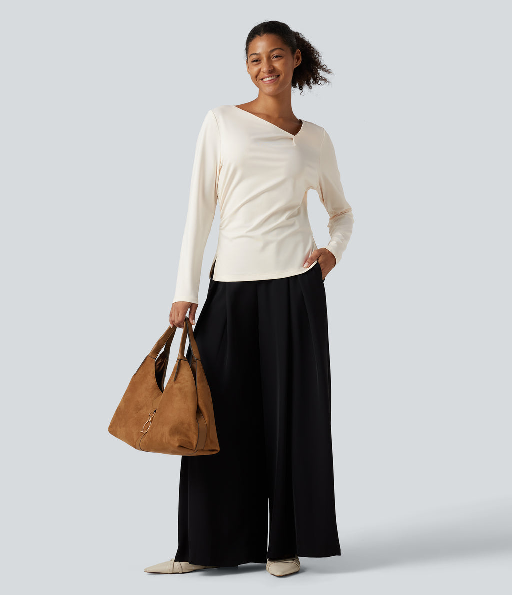 Asymmetric Cowl Neck Long Sleeve Ruched Slit Hem Work Blouse — Whisper White — view 7