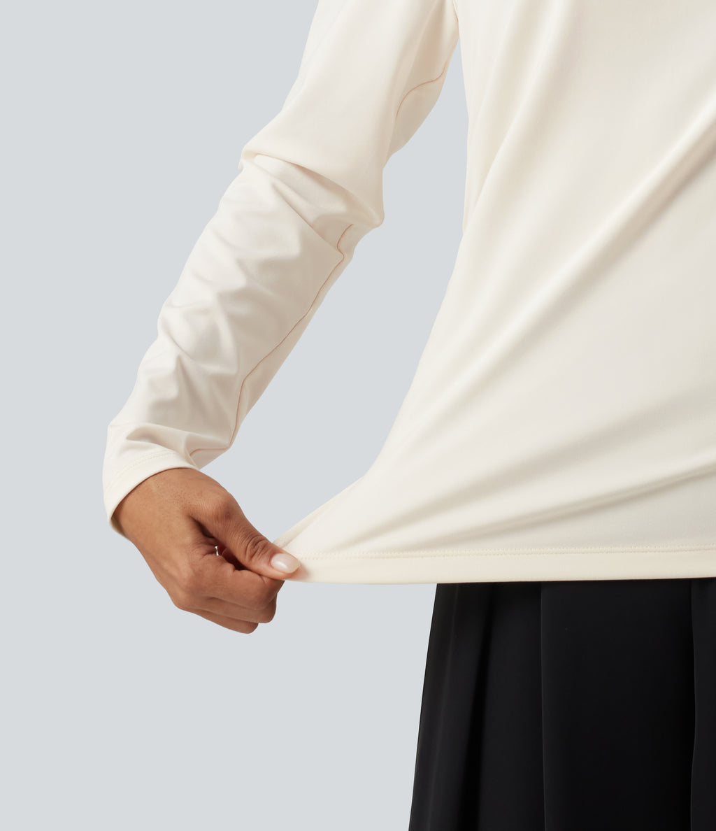Asymmetric Cowl Neck Long Sleeve Ruched Slit Hem Work Blouse — Whisper White — view 6