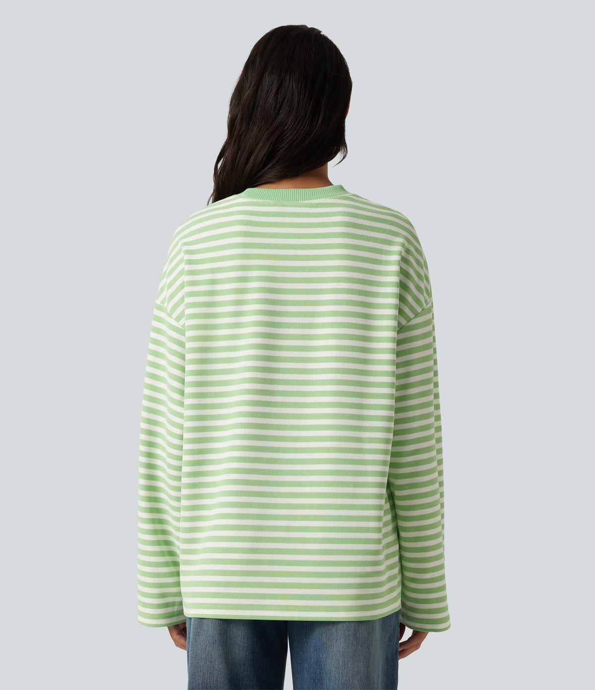 Round Neck Long Sleeve Stripe Waffle Casual Top — Green Stripe — view 2