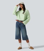 Round Neck Long Sleeve Stripe Waffle Casual Top — Green Stripe — view 8