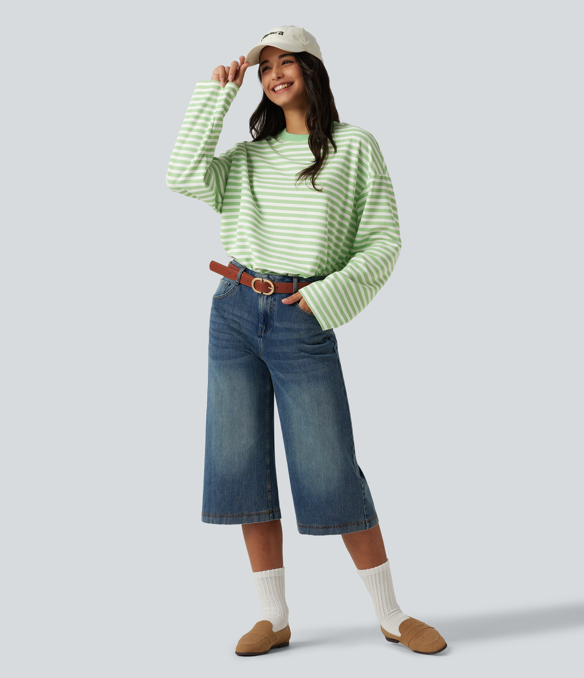 Round Neck Long Sleeve Stripe Waffle Casual Top — Green Stripe — view 8