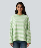 Round Neck Long Sleeve Stripe Waffle Casual Top — Green Stripe — view 5