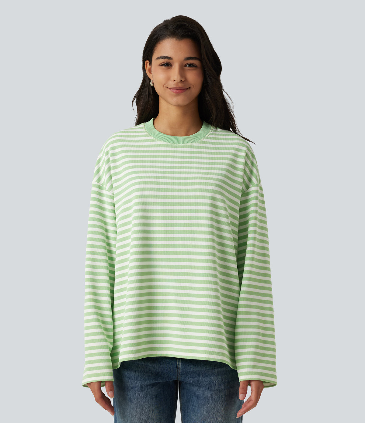 Round Neck Long Sleeve Stripe Waffle Casual Top — Green Stripe — view 5