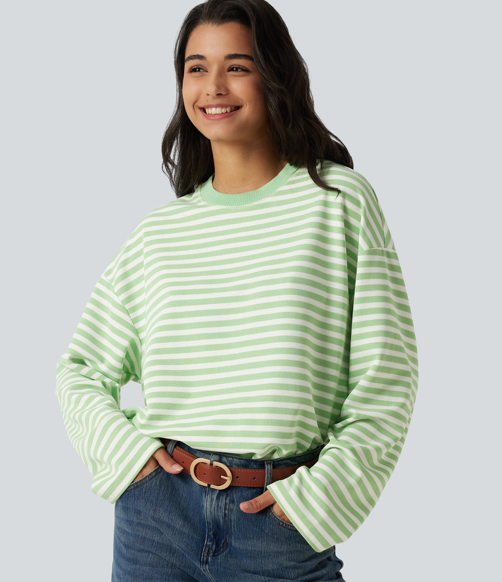 Round Neck Long Sleeve Stripe Waffle Casual Top — Green Stripe — view 6