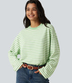 Round Neck Long Sleeve Stripe Waffle Casual Top — Green Stripe — view 6