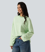 Round Neck Long Sleeve Stripe Waffle Casual Top — Green Stripe — view 3
