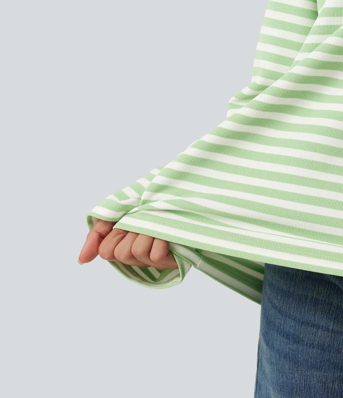 Round Neck Long Sleeve Stripe Waffle Casual Top — Green Stripe — view 7