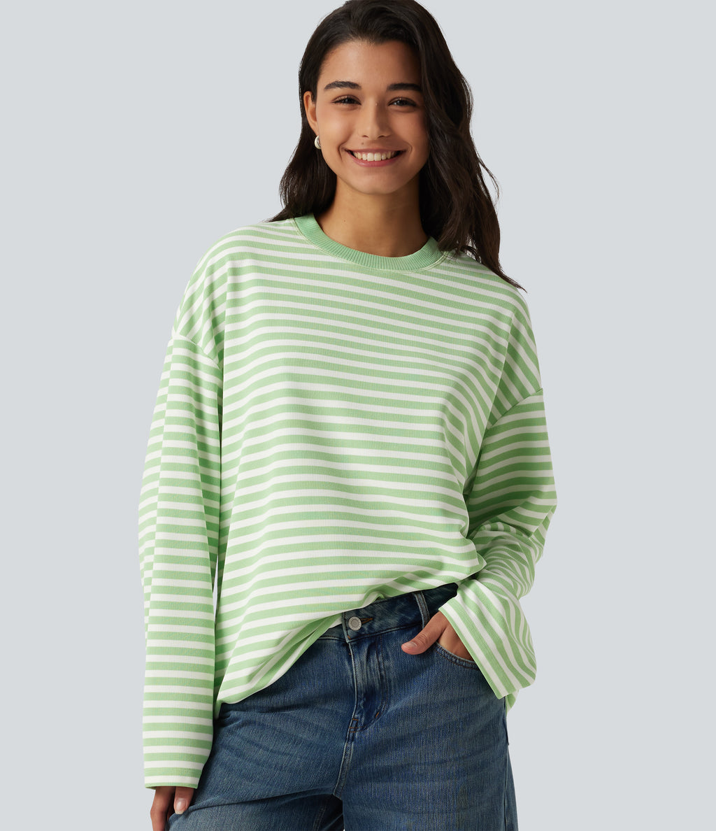 Round Neck Long Sleeve Stripe Waffle Casual Top — Green Stripe — view 1