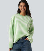 Round Neck Long Sleeve Stripe Waffle Casual Top — Green Stripe — view 1