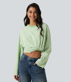 Round Neck Long Sleeve Stripe Waffle Casual Top — Green Stripe — view 4