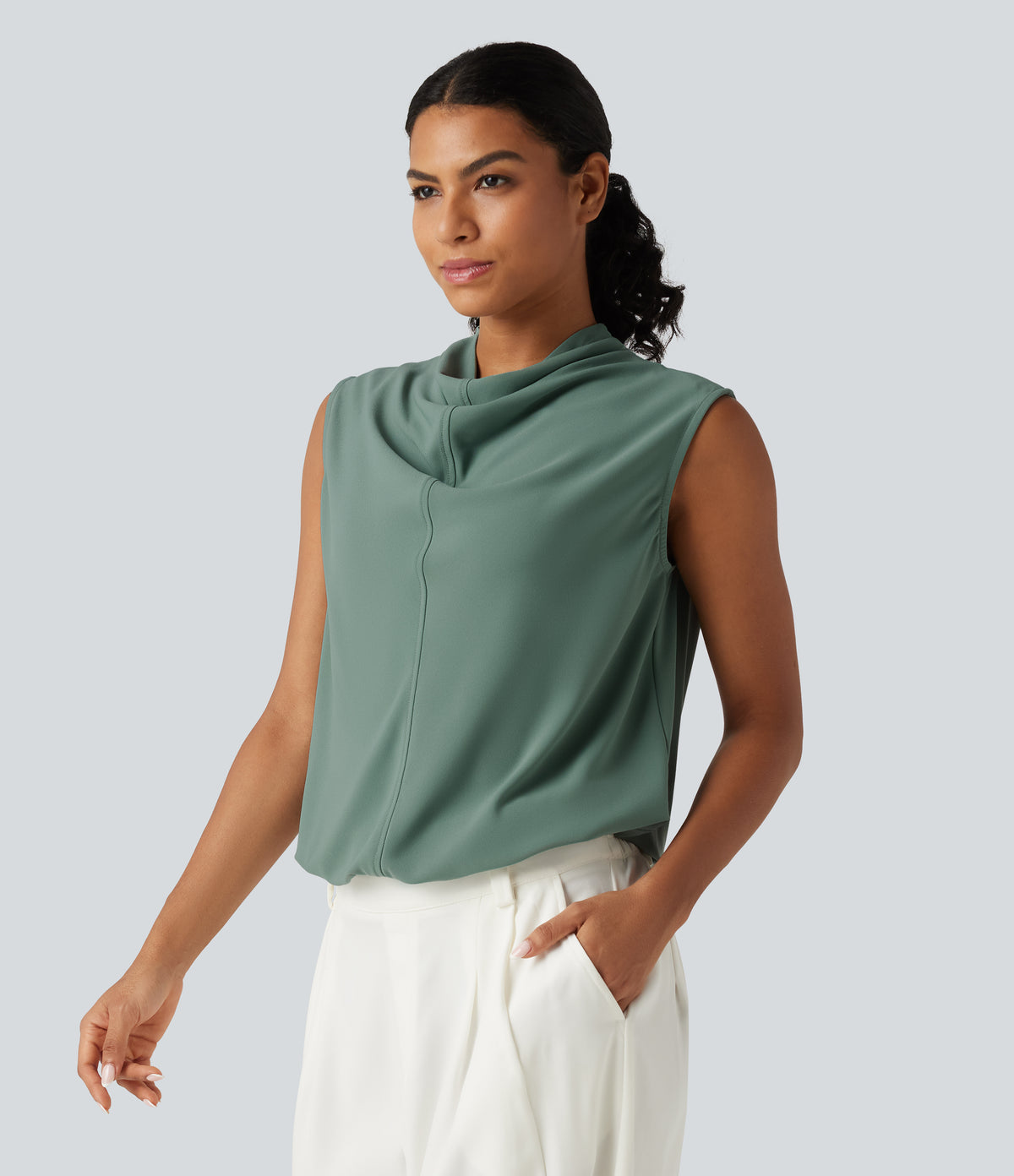 Cowl Neck Sleeveless Casual Top — Oil Blue — view 3