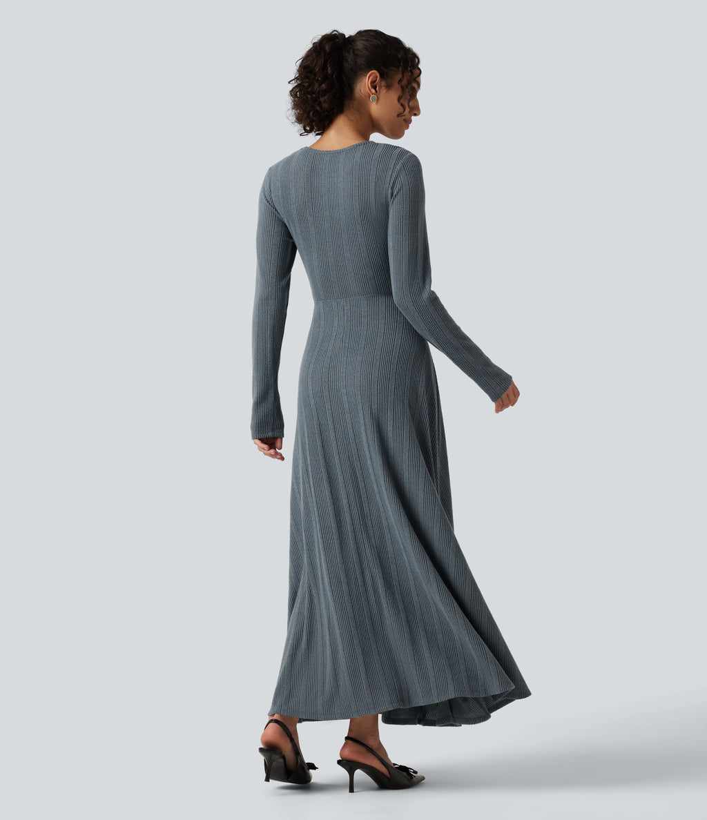 Round Neck Cut Out Long Sleeve Flowy Midi Casual Dress — Ocean Slate Rib — view 2