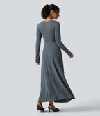 Round Neck Cut Out Long Sleeve Flowy Midi Casual Dress — Ocean Slate Rib — view 2