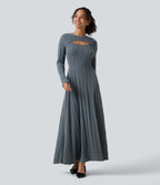 Round Neck Cut Out Long Sleeve Flowy Midi Casual Dress — Ocean Slate Rib — view 3