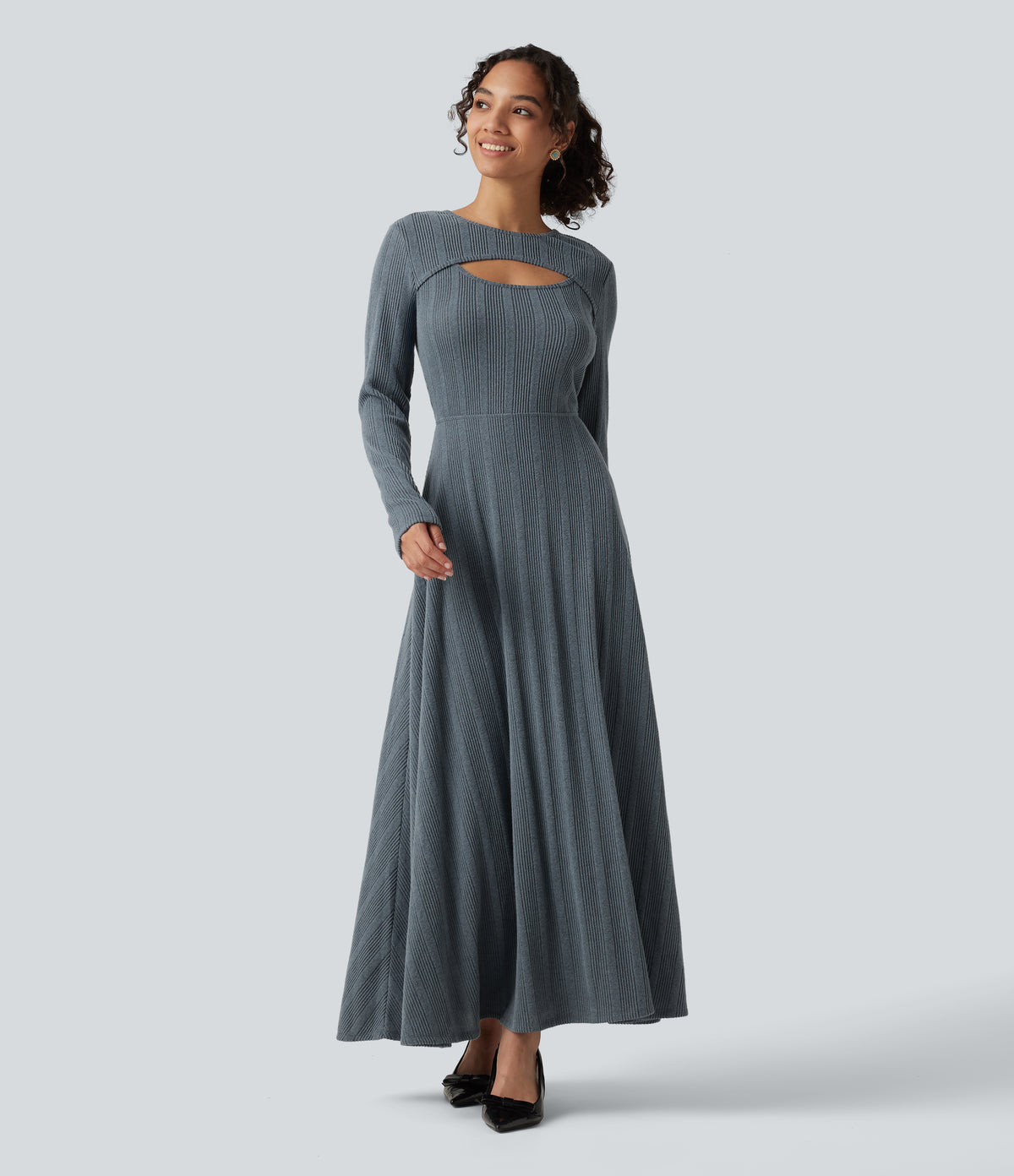Round Neck Cut Out Long Sleeve Flowy Midi Casual Dress — Ocean Slate Rib — view 3