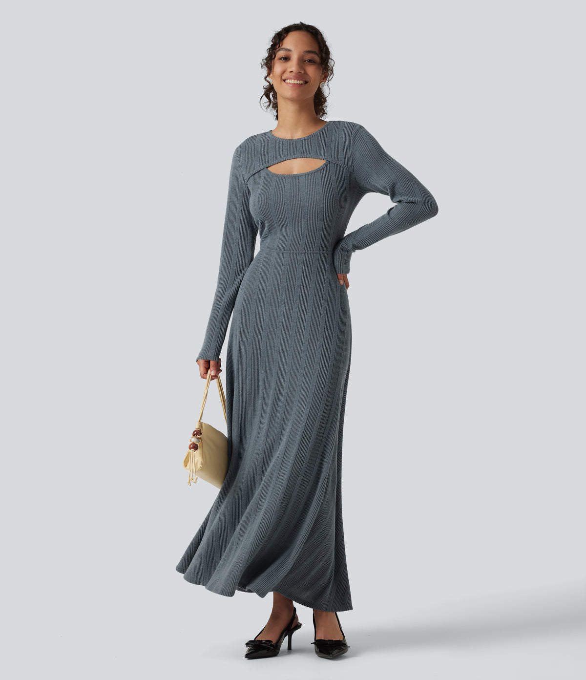 Round Neck Cut Out Long Sleeve Flowy Midi Casual Dress — Ocean Slate Rib — view 7