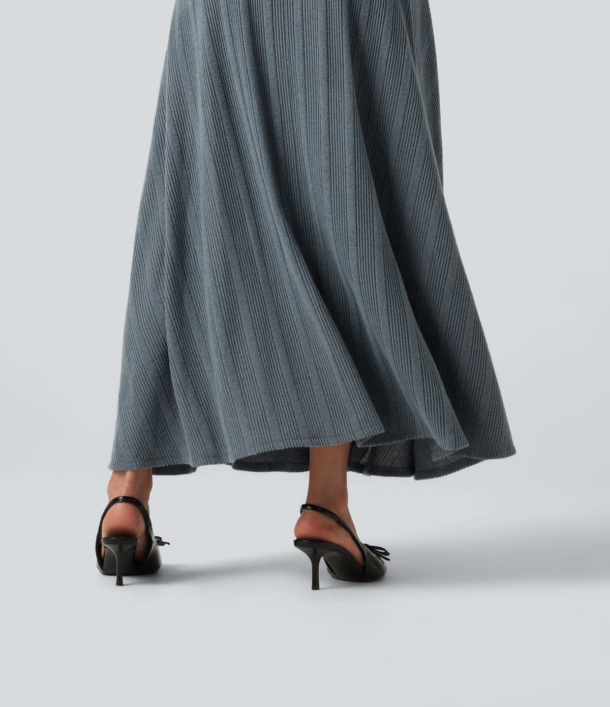 Round Neck Cut Out Long Sleeve Flowy Midi Casual Dress — Ocean Slate Rib — view 6