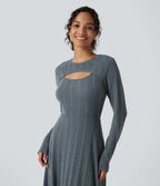 Round Neck Cut Out Long Sleeve Flowy Midi Casual Dress — Ocean Slate Rib — view 4