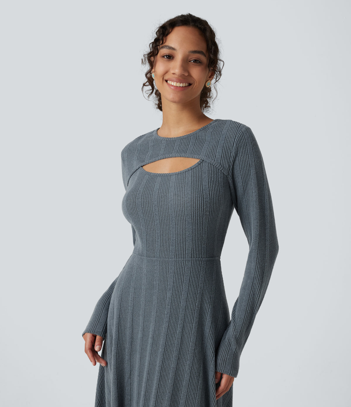 Round Neck Cut Out Long Sleeve Flowy Midi Casual Dress — Ocean Slate Rib — view 4