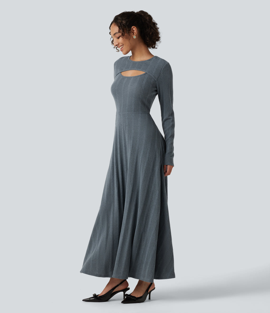 Round Neck Cut Out Long Sleeve Flowy Midi Casual Dress — Ocean Slate Rib — view 1