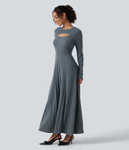 Round Neck Cut Out Long Sleeve Flowy Midi Casual Dress — Ocean Slate Rib — view 1
