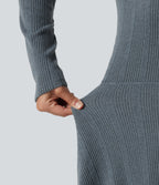 Round Neck Cut Out Long Sleeve Flowy Midi Casual Dress — Ocean Slate Rib — view 5