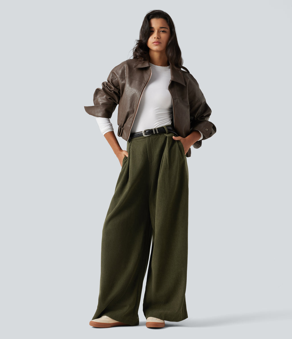 High Waisted Baggy Corduroy Casual Trousers with Pockets — Twilight Green — view 6