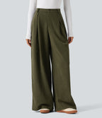 High Waisted Baggy Corduroy Casual Trousers with Pockets — Twilight Green — view 1