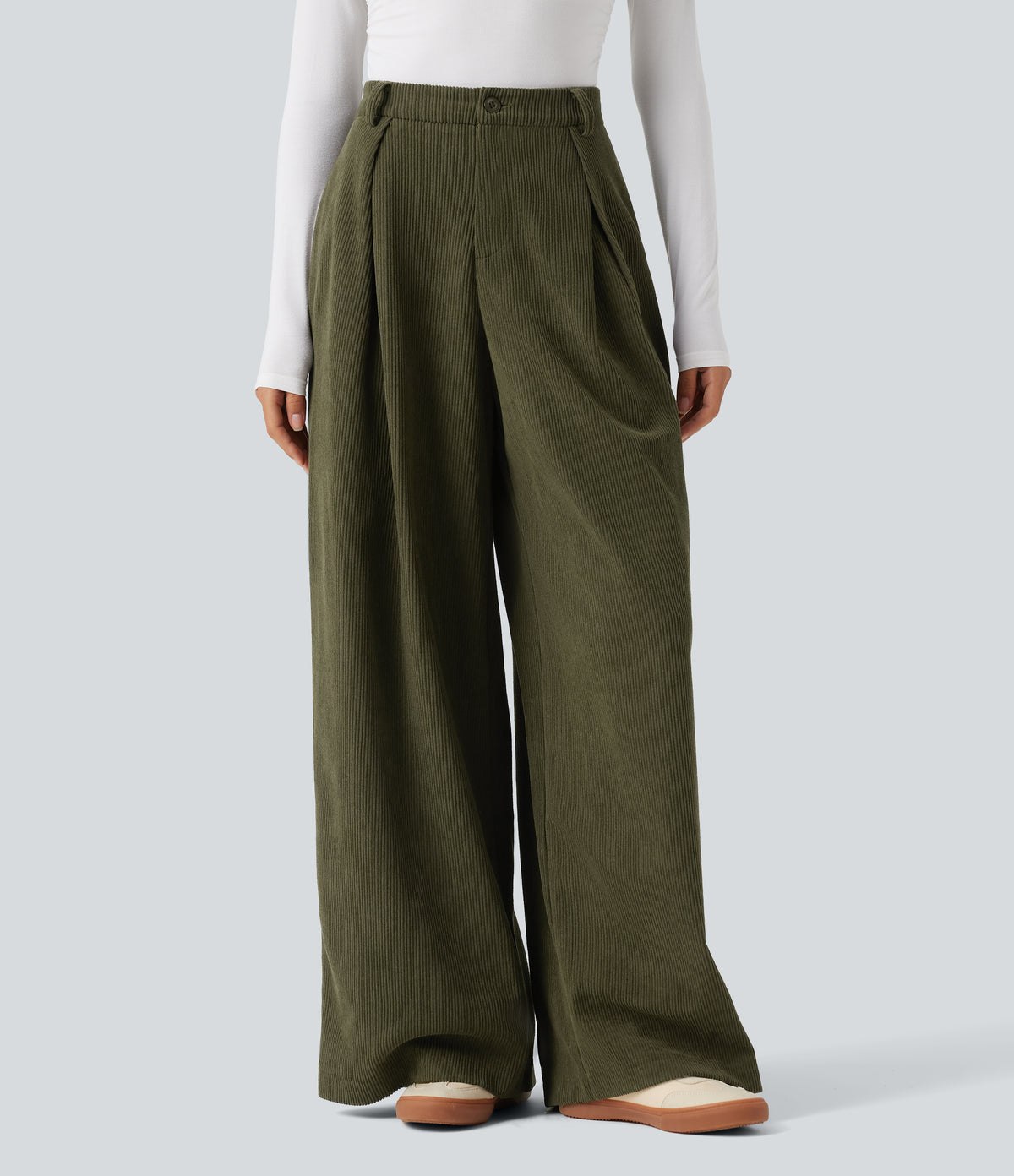 High Waisted Baggy Corduroy Casual Trousers with Pockets — Twilight Green — view 1