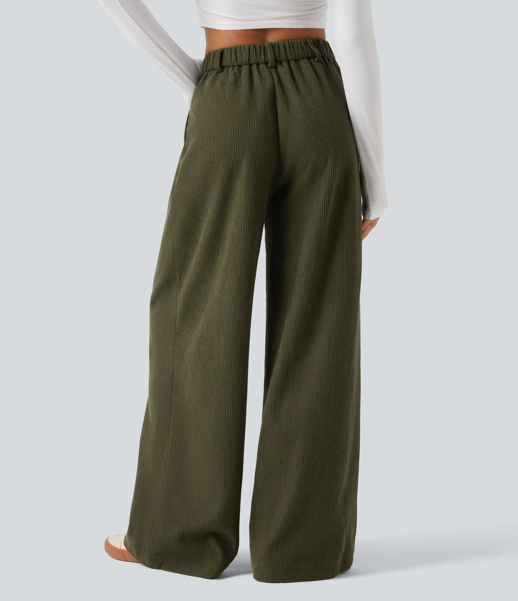 High Waisted Baggy Corduroy Casual Trousers with Pockets — Twilight Green — view 2