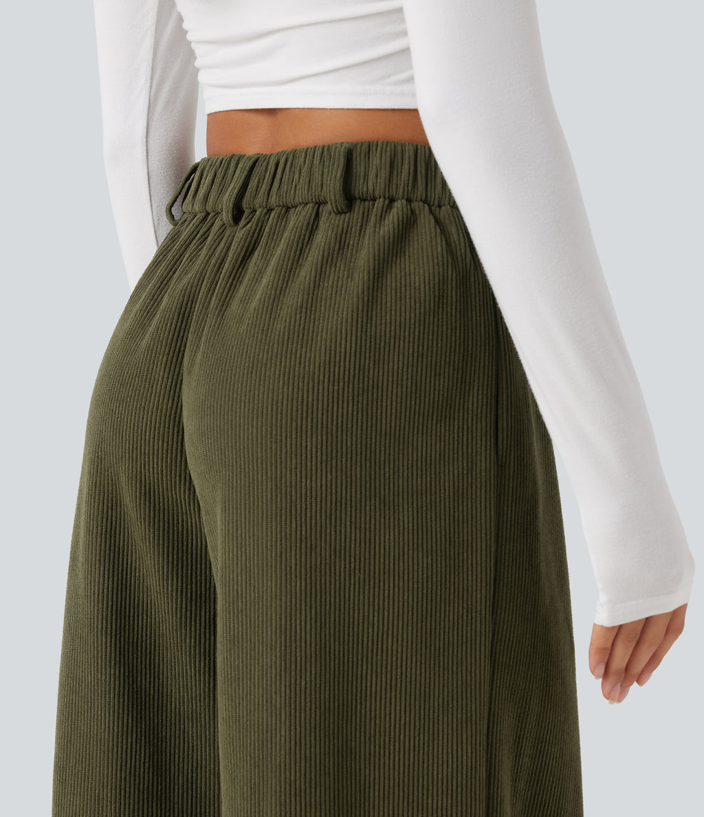 High Waisted Baggy Corduroy Casual Trousers with Pockets — Twilight Green — view 5